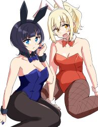  2girls :d absurdres asaka_karin black_hairband black_pantyhose blonde_hair blue_bow blue_bowtie blue_eyes blue_hair blue_leotard blue_nails blunt_bangs blush bow bowtie breasts cleavage closed_mouth collarbone commentary_request dark_blue_hair detached_collar ereka feet_out_of_frame fishnet_pantyhose fishnets frown hairband highres leotard looking_at_viewer love_live! love_live!_nijigasaki_high_school_idol_club medium_breasts medium_hair miyashita_ai multiple_girls open_mouth orange_bow orange_bowtie orange_eyes orange_leotard orange_nails pantyhose playboy_bunny short_ponytail sidelocks simple_background sitting smile split_mouth strapless strapless_leotard wariza white_background white_hairband yokozuwari 