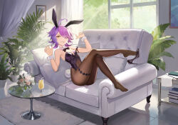  :d absurdres ahoge animal_ears bare_shoulders benghuai_xueyuan black_bow black_bowtie black_leotard book bow bowtie breasts brown_pantyhose carpet couch crossed_legs cup curtains drinking_straw fake_animal_ears fake_tail female flower full_body grin heterochromia highres honkai_(series) indoors juice leotard living_room looking_at_viewer lying multicolored_hair on_back pantyhose pink_flower pink_hair pink_rose playboy_bunny purple_eyes purple_hair rabbit_ears rabbit_tail rose sharp_teeth shoe_dangle shoes sin_mal sin_mal0909 single_shoe small_breasts smile strapless strapless_leotard table tail teeth two-tone_hair vase white_flower white_rose window wrist_cuffs yellow_eyes 