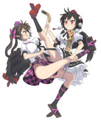  2girls absurdres anger_vein angry black_necktie black_panties black_socks black_wings bow breasts brown_hair buttons cellphone checkered_clothes checkered_skirt clenched_teeth feathered_wings flip_phone frills geta hair_ribbon hat highres himekaidou_hatate holding holding_another&#039;s_wrist holding_phone long_hair looking_at_another multiple_girls natsukiryp necktie panties phone pointy_ears pom_pom_(clothes) pouch purple_hat red_eyes red_footwear red_hat ribbon shameimaru_aya shirt short_hair short_sleeves simple_background skirt socks sweat teeth tokin_hat touhou trembling twintails underwear undressing_another white_background white_panties wings 