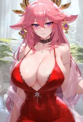  1girls ai_generated alternative_costume animal_ears armlet bangs bare_shoulders blush breasts choker clavicle cleavage closed_mouth clothing cocktail_dress covered_navel curvaceous curvaceous_female curvaceous_figure curvy curvy_figure dress earrings female female_focus fox_ears gem genshin_impact hair_between_eyes hair_ornament hydrolis999 jewelry kitsune large_breasts long_hair looking_at_viewer necklace no_bra parted_lips pendant pink_hair purple_eyes red_dress see-through sidelocks sitting smile solo thighs very_long_hair voluptuous voluptuous_female wet yae_miko_(genshin_impact) 