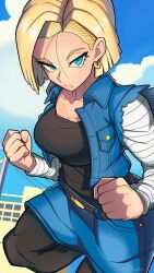  absurdres android_18 black_pantyhose black_shirt blonde_hair blue_eyes blue_shorts blue_sky breasts clenched_hands cloud denim denim_jacket dragon_ball dragon_ball_z earrings female highres jacket jewelry looking_at_viewer pantyhose pictomike shirt shorts sky 