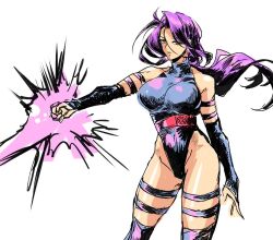  blue_leotard breasts clenched_hand energy_sword female large_breasts leotard long_hair looking_at_viewer marvel marvel_vs._capcom neobirdy psychic psylocke purple_eyes purple_hair swaying sword thighs weapon x-men 