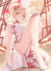  bare_legs bare_shoulders blonde_hair blue_archive blush breasts china_dress chinese_clothes dress female floral_print flower gloves hair_flower hair_ornament half_gloves halo hand_fan high_heels holding large_breasts legs looking_at_viewer marina_(blue_archive) marina_(qipao)_(blue_archive) official_alternate_costume ohland on_one_knee pelvic_curtain red_halo short_hair sleeveless sleeveless_dress smile solo white_dress white_gloves yellow_eyes 