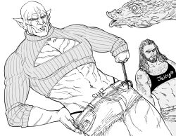  2boys abs absurdres amputee azog bb_(baalbuddy) cleavage_cutout clothing_cutout crop_top dragon english_text highres looking_at_viewer monster multiple_boys navel orc pointy_ears shorts the_hobbit tolkien&#039;s_legendarium 