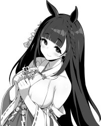  :&gt; animal_ears armpit_crease azur_lane azur_lane:_slow_ahead bare_shoulders black_hair blunt_bangs braid breasts closed_mouth daisen_(azur_lane) detached_sleeves female greyscale hands_up hori_(hori_no_su) horse_ears horse_girl japanese_clothes large_breasts long_hair looking_at_viewer monochrome nontraditional_miko official_art sideboob simple_background solo upper_body white_background wide_sleeves 