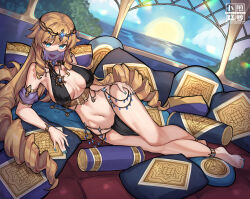  alternate_costume anklet armpits bare_legs bare_shoulders bikini bikini_top_only black_bikini blonde_hair blue_eyes blue_nails bracelet breasts breasts_apart circlet dancer day detached_sleeves drill_hair dutch_angle female genshin_impact halterneck hand_on_own_hip highres jewelry large_breasts loincloth long_hair looking_at_viewer low_twintails lying mouth_veil nail_polish navel navia_(genshin_impact) necklace on_side open_mouth pelvic_curtain pillow puffy_short_sleeves puffy_sleeves quad_drills radishkek reclining short_sleeves smile solo stomach swimsuit thighs toenail_polish toenails twintails veil very_long_hair 