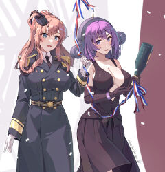  2girls alternate_costume black_coat black_dress black_gloves blue_eyes bottle breasts brown_hair coat dress elbow_gloves gloves hair_between_eyes headgear high_side_ponytail highres himeyamato holding holding_bottle holding_glass_bottle kantai_collection large_breasts lexington_(kancolle) long_hair long_sleeves medium_hair military_uniform multiple_girls ponytail purple_eyes purple_hair saratoga_(kancolle) side_ponytail sidelocks sleeveless sleeveless_dress smokestack smokestack_hair_ornament standing uniform white_gloves 