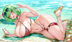  bare_shoulders beach bikini blush breasts choker day eyewear_on_head female full_body green_eyes green_hair hand_up highleg highleg_bikini holding holding_phone in_water large_breasts legs_up looking_at_viewer lying lying_on_water navel o-ring o-ring_bikini open_mouth original outdoors phone sandals shallow_water skindentation smile solo string_bikini striped_bikini striped_clothes sunglasses swimsuit thigh_strap thighs toyoman water 