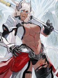  abs absurdres animal_ears armor asymmetrical_gloves black_bikini_bottom black_gloves black_thighhighs blue_eyes blurry blurry_background body_markings caenis_(fate) caenis_(second_ascension)_(fate) column cowboy_shot dark-skinned_female dark_skin depth_of_field elbow_gloves extra_ears fantasy_tree_(fate) fate/grand_order fate_(series) female gauntlets gloves hair_between_eyes hair_intakes hand_on_own_hip headpiece highres holding holding_polearm holding_weapon horse_ears infinity_symbol long_hair looking_at_viewer open_mouth outdoors pauldrons pillar polearm ponytail shanaoh sharp_teeth shoulder_armor single_gauntlet single_thighhigh solo spear standing teeth thigh_strap thighhighs torn_clothes torn_thighhighs twitter_username uneven_gloves waist_cape weapon white_hair 