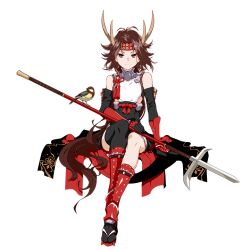  armor bandages bandana bare_shoulders bird black_gloves black_panties black_thighhighs brown_eyes brown_hair closed_mouth fake_horns female full_body gloves holding holding_polearm holding_weapon honkai_(series) honkai_impact_3rd horns japanese_armor long_hair official_art panties polearm red_bandana sanada_yukimura_(honkai_impact) sandals single_thighhigh sitting smile solo spear tassel thighhighs third-party_source transparent_background underwear weapon zouri 