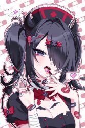  alternate_costume ame-chan_(needy_girl_overdose) bandaid black_eyes black_hair breasts broken_heart cleavage commentary decora_(decopining) demon_horns female hair_ornament hair_over_one_eye hands_up hat heart heart_hair_ornament holding holding_syringe horns jewelry long_hair looking_at_viewer medium_breasts nail_polish needy_girl_overdose nurse nurse_cap open_mouth outline pill pill_on_tongue ring solo speech_bubble symbol-only_commentary syringe tongue tongue_out twintails upper_body white_outline x_hair_ornament 