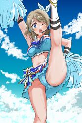  ;o arm_up armpits blue_eyes blue_panties blue_sky breasts brown_hair cheerleader cloud commentary_request commission ereka feet_out_of_frame female headphones headset high_kick highres kicking large_breasts leg_up looking_at_viewer love_live! love_live!_school_idol_festival_all_stars love_live!_sunshine!! midriff miniskirt official_alternate_costume one_eye_closed open_mouth panties pantyshot pixiv_commission short_hair skirt sky solo sweat teeth underwear upper_teeth_only upskirt watanabe_you 