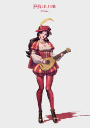  bard black_footwear blue_eyes boots breasts brown_hair character_name check_clothing cleavage commentary dress earrings english_commentary female full_body hat hat_feather highres hip_vent holding holding_instrument holding_lute instrument jewelry juliet_sleeves lips long_hair long_sleeves looking_at_viewer lute_(instrument) mario_(series) medium_breasts multicolored_clothes multicolored_dress necklace open_mouth pants pauline_(mario) phamoz puffy_sleeves red_dress red_hat red_lips red_pants shadow simple_background skindentation solo standing tight_clothes tight_pants white_dress yellow_dress 