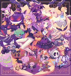  1boy 5girls absurdres acerola_(pokemon) agatha_(pokemon) apron banette basket black_shirt blonde_hair candy candy_cane chandelure character_hat chibi claw_pose dress drifblim drifloon duskull elbow_gloves fantina_(pokemon) food frillish frillish_(female) full_body gastly gengar giratina gloves gourgeist halloween halloween_bucket happy_halloween hat haunter headband highres jellicent jellicent_(female) lampent litwick lollipop mimikyu morty_(pokemon) multiple_girls nagatsukiariake pants phoebe_(pokemon) pokemon pokemon_(creature) pokemon_bw pokemon_dppt pokemon_hgss pokemon_rgby pokemon_rse pokemon_sm pumpkaboo purple_background purple_dress purple_eyes purple_footwear purple_hair purple_headband purple_hood rotom round_eyewear sableye shauna_(pokemon) shirt short_hair shuppet spiritomb stitched_face stitches top_hat trevenant trick_or_treat waist_apron white_gloves white_pants window witch_hat yamask 