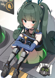  absurdres bangboo_(zenless_zone_zero) bare_shoulders black_gloves black_shorts blue_gloves blunt_bangs braid breasts crop_top elbow_gloves female fingerless_gloves gloves green_eyes green_hair hair_ribbon highres long_hair looking_at_viewer open_mouth qingyi_(zenless_zone_zero) ribbon securityboo_(zenless_zone_zero) shorts side_braids sitting small_breasts solo_focus twintails w.k zenless_zone_zero 