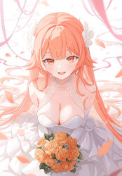  bare_shoulders blush bouquet breasts bridal_gauntlets cleavage commentary commission dress female flower funii hair_flowing_over hair_ornament hair_wings heart heart_in_eye highres holding holding_bouquet indie_virtual_youtuber large_breasts long_hair looking_at_viewer open_mouth orange_flower orange_rose pillowdear pink_eyes pink_hair pink_ribbon ribbon rose sleeveless sleeveless_dress smile solo strapless strapless_dress symbol_in_eye teeth upper_teeth_only virtual_youtuber wedding_dress white_background white_bridal_gauntlets white_dress white_wings wings 