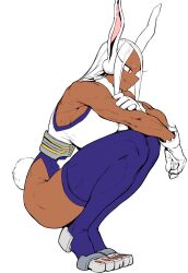  animal_ears arm_rest artist_collaboration bare_shoulders boku_no_hero_academia breasts closed_mouth colorized commission dark-skinned_female dark_skin english_commentary female full_body fur_collar gloves hand_on_own_arm highres large_breasts leotard long_eyelashes long_hair mirko mirkosimps parallaxfused parted_bangs purple_thighhighs rabbit_ears rabbit_girl rabbit_tail red_eyes simple_background sleeveless_turtleneck_leotard smile solo squatting tail tail_through_clothes taut_leotard thick_thighs thighhighs thighs toned_female white_background white_gloves white_hair white_leotard 