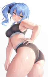  :/ absurdres alternate_breast_size aoi_zerii armpit_crease ass asymmetrical_sidelocks black_panties black_sports_bra blue_eyes blue_hair blue_ribbon blush breasts commentary_request double-parted_bangs female from_below hair_between_eyes hair_ribbon hand_on_own_hip highres hololive hoshimachi_suisei looking_at_viewer looking_down medium_breasts medium_hair panties ribbon side_ponytail sideboob sidelocks simple_background solo sports_bra star_(symbol) star_in_eye sweat symbol_in_eye underwear very_sweaty virtual_youtuber wet wet_hair white_background 