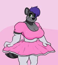  after_transformation big_breasts breasts cel_shading clothing dress gender_transformation hyena hyper maid_uniform mammal manly max_(maxfloof) maxfloof pink_clothing pink_dress shaded smile smiling_at_viewer solo strong_female transformation underbite uniform wide_hips 