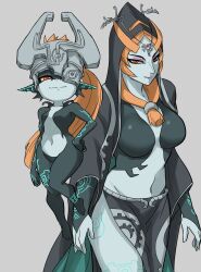  alternate_form black_skin breasts colored_sclera colored_skin female front_ponytail headpiece helmet highres hood ilo_a5 jewelry long_hair midna midna_(true) multicolored_skin navel one_eye_covered orange_hair pointy_ears red_eyes smile the_legend_of_zelda the_legend_of_zelda:_twilight_princess two-tone_skin yellow_sclera 