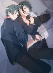  2boys bed_sheet brothers chashibu closed_eyes commentary_request floyd_leech green_hair highres hug jade_leech lying lying_on_person male_focus midriff_peek multiple_boys on_back pajamas pillow sharp_teeth short_hair siblings sleeping smile teeth twins twisted_wonderland 