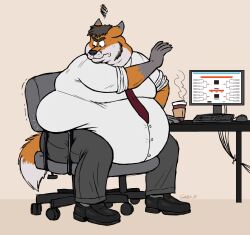  annoyed anthro belly beverage big_belly black_body black_fur black_hair bodily_fluids button_(fastener) canid canine chair claws clothed clothing coffee computer computer_keyboard computer_monitor computer_mouse desk dipstick_tail electronics facial_hair fox frustration_cloud fur furniture gnarly-gnasties hair hi_res inside love_handles male mammal markings moobs necktie obese obese_anthro obese_male office_chair orange_body orange_fur overweight overweight_anthro overweight_male rolled_up_sleeves sitting solo squish steam straining_buttons sweat sweatdrop table tail tail_markings tournament_bracket white_body white_fur wide_hips 