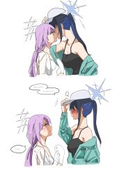  ... 2girls absurdres atsuko_(blue_archive) atsuko_(swimsuit)_(blue_archive) baseball_cap black_camisole black_hair blue_archive blue_hair blue_jacket blush camisole closed_mouth commentary_request halo hat highres jacket kissing korean_commentary long_hair looking_at_another multicolored_hair multiple_girls off_shoulder parted_lips ponytail purple_hair red_eyes saori_(blue_archive) saori_(swimsuit)_(blue_archive) shirt simple_background spoken_ellipsis two-tone_hair white_background white_hat white_shirt yuri zhdyalba 