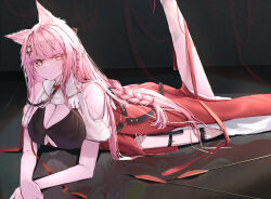  absurdres animal_ear_fluff animal_ears arknights bare_shoulders black_bra bra braid breasts cleavage closed_mouth female hair_ornament high-waist_skirt highres large_breasts leg_up long_hair looking_at_viewer lycoris-fullbloom lying pink_eyes pink_hair pozyomka_(arknights) red_skirt skirt solo thigh_strap underwear wolf_ears wolf_girl 