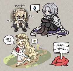  2boys blonde_hair blood braid chibi circlet closed_mouth commentary_request crown_braid darkestdied dress elden_ring elden_ring:_shadow_of_the_erdtree female forked_tongue grey_background grey_hair heart_(organ) korean_commentary korean_text long_hair miquella_(elden_ring) multiple_boys needle_knight_leda one_eye_closed otoko_no_ko purple_eyes sad sitting snake spoken_symbol tearing_up thiollier_(elden_ring) thought_bubble tongue translation_request walking white_dress yellow_eyes 