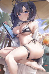  absurdres alternate_costume barefoot bikini black_bikini black_halo blue_archive blue_eyes blue_hair blue_sky breasts cloud commentary_request crossed_legs cup day female halo highres holding holding_cup holding_tablet_pc ipad large_breasts long_hair outdoors parasol shiranui_(nisioisin_sinob) side-tie_bikini_bottom sky solo summer swimsuit tablet_pc thigh_strap thighs two_side_up umbrella yuuka_(blue_archive) 