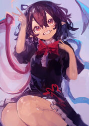  absurdres asymmetrical_wings black_dress black_hair blue_wings bow bowtie commentary dress female frilled_dress frills grin hair_between_eyes highres houjuu_nue kaamin_(mariarose753) pointy_ears red_bow red_bowtie red_eyes red_wings short_sleeves simple_background smile solo touhou v wings 