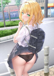  accidental_exposure ass bag black_panties blonde_hair blush clothes_lift commentary_request female gochuumon_wa_usagi_desu_ka? green_eyes kirima_syaro panties pleated_skirt polka_dot polka_dot_panties rikatan school_bag school_uniform shirt short_hair short_sleeves skirt skirt_caught_on_object skirt_lift solo underwear wardrobe_malfunction wavy_hair white_shirt 