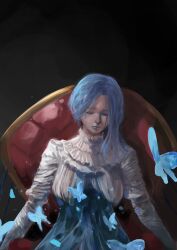  blue_butterfly blue_hair body_horror bug butterfly closed_eyes closed_mouth commentary_request crying death decay dokomon dress female highres korean_commentary lies_of_p long_hair on_chair solo sophia_monad spoilers streaming_tears tears white_dress 