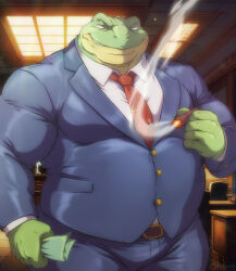  amphibian anthro cigarette clothing frog funeral-paws hi_res male money muscular muscular_anthro muscular_male solo suit 