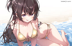  :p beach bikini breasts brown_hair female gold_bikini hong_(white_spider) long_hair looking_at_viewer medium_breasts patreon_username purple_eyes side-tie_bikini_bottom solo suou_yuki swimsuit tokidoki_bosotto_roshia-go_de_dereru_tonari_no_alya-san tongue tongue_out 