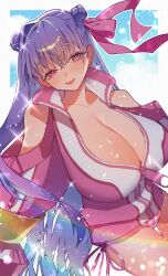  bare_shoulders bikini breasts cleavage closed_mouth clothing_cutout collarbone double_bun fate/grand_order fate_(series) female hair_between_eyes hair_bun hair_ribbon highres huge_breasts jacket kujiraoka lens_flare light_blush lips long_hair looking_at_viewer multicolored_clothes multicolored_jacket official_alternate_costume official_alternate_hairstyle partially_unzipped passionlip_(fate) pink_bikini pink_eyes pink_jacket pink_ribbon plaid_bikini plaid_clothes purple_hair ribbon shoulder_cutout side-tie_bikini_bottom smile solo swimsuit thigh_gap two-tone_jacket white_jacket zipper zipper_pull_tab 