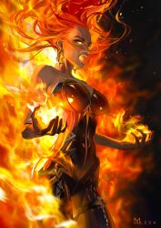  artist_logo bare_shoulders biker_clothes bikesuit black_bikesuit bodysuit earrings female fire genshin_impact glowing glowing_eyes highres jewelry long_hair m_alexa mavuika_(genshin_impact) open_mouth pyrokinesis red_hair solo strapless_bodysuit sun_earrings sunburst_iris 