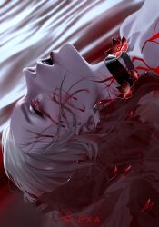  acheron_(honkai:_star_rail) black_choker blood blood_from_mouth blood_on_face body_markings choker earrings female flower highres honkai:_star_rail honkai_(series) jewelry looking_up lying_on_water m_alexa markings official_alternate_color open_mouth partially_submerged portrait red_eyes red_flower red_lips signature solo water white_hair 