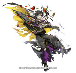  1boy abs alternate_costume belt black_belt black_cape black_footwear black_gloves black_hair black_kimono blonde_hair blue_eyes boots branch camellia cape circlet clenched_teeth copyright_notice cuts dress_shirt fafnir_(fire_emblem) fafnir_(new_year)_(fire_emblem) fire_emblem fire_emblem_heroes flower full_body fur-trimmed_cape fur_trim gear_print gears gloves grimace hair_between_eyes hair_down hand_up holding holding_branch injury japanese_clothes jitome kimono long_sleeves looking_ahead male_focus multicolored_hair multiple_belts nijihayashi official_art pale_skin petals purple_shirt red_flower shirt shoe_soles short_hair simple_background solo streaked_hair sweatdrop tassel teeth toned toned_male torn_cape torn_clothes torn_kimono two-sided_cape two-sided_fabric white_background wide_sleeves yellow_cape 