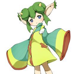  1:1 2020 blue_eyes blush clothed clothing digital_media_(artwork) dipstick_ears dress ear_markings elf female green_hair hair head_horn hi_res horn humanoid humanoid_pointy_ears lidelle long_sleeves looking_at_viewer multicolored_clothing multicolored_dress multicolored_ears on_model puyo_puyo sega shaded sharp_horn simple_background simple_shading small_mouth small_nose smile solo white_background yellow_horn youjomodoki 