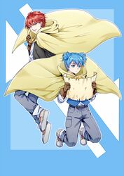  2boys akabane_karma ansatsu_kyoushitsu belt black_belt black_jacket black_pants blue_background blue_eyes blue_hair blue_vest brown_belt brown_cape brown_gloves brown_jacket cape closed_mouth commentary denim floating_cape full_body gloves grey_footwear hand_up holding holding_map jacket jeans koro-sensei_quest long_sleeves looking_at_object looking_at_viewer looking_to_the_side male_focus map map_(object) meipoi midair multicolored_background multiple_boys official_alternate_costume open_clothes open_jacket open_mouth pants paper pocket red_eyes red_hair shiota_nagisa shirt shoe_soles short_hair sleeves_past_elbows sleeves_rolled_up smile symbol-only_commentary vest white_background white_shirt 