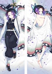  arms_up back barefoot bed_sheet belt black_hair black_legwear black_pants blue_eyes breasts bug butterfly butterfly_hair_ornament coat dakimakura_(medium) demon_slayer_uniform eyelashes female flower hair_flower hair_ornament hair_over_one_eye half-closed_eyes haori holding holding_flower holding_sword holding_weapon japanese_clothes kimetsu_no_yaiba knee_up kochou_shinobu long_sleeves looking_at_viewer looking_back lying moeanime mouth_hold multicolored_hair multiple_views naked_coat off_shoulder on_back on_bed on_side pants petals petals_in_mouth plantar_flexion pleated_pants puffy_pants purple_flower purple_hair sandals scabbard sheath shin_guards sideboob smile sword sword_writing tabi two-tone_hair unsheathed updo weapon wide_sleeves wisteria zouri 