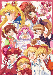  6+girls :d ;d absurdres ai_tenshi_densetsu_wedding_peach akazukin_chacha antenna_hair beret bishoujo_senshi_sailor_moon black_bow blonde_hair blue_eyes blue_hair blue_sailor_collar blush boots bow broom broom_riding brown_eyes cardcaptor_sakura chacha_(akazukin_chacha) closed_eyes closed_mouth collared_shirt commentary_request crescent crescent_earrings crossover double_bun dress earrings fancy_lala flower_brooch fuuin_no_tsue genre_connection gloves green_eyes hair_bun hairbow hanasaki_momoko haneoka_meimi happy harukaze_doremi hat heart highres hime-chan_no_ribbon hood hood_up jacket jewelry kaitou_saint_tail kinomoto_sakura kokubu_karin leotard long_hair looking_at_viewer looking_back magical_girl moriya_ririka multiple_crossover multiple_girls musical_note neck_ribbon nonohara_himeko nurse_angel_ririka_sos ojamajo_doremi one_eye_closed pink_bow pink_dress pink_eyes pink_footwear pink_gloves pink_headwear ponytail princess_tutu_(character) puffy_short_sleeves puffy_sleeves purple_hair red_bow red_hair red_headwear red_jacket red_ribbon ribbon sailor_collar sailor_moon sailor_senshi_uniform saint_tail school_uniform shinohara_miho shirt short_hair short_sleeves smile sparkle star_(symbol) sun_symbol suzuki_(2red_moon3) tiara tonde_buurin tsukino_usagi twintails v wedding_peach white_dress white_leotard white_shirt witch_hat 