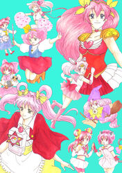  6+girls ai_tenshi_densetsu_wedding_peach amulet_heart animal aqua_background armor back_bow bishoujo_senshi_sailor_moon blue_sailor_collar boots bow brooch character_request cheerleader chibi_usa color_connection commentary_request cone_hair_bun copyright_request crossover elbow_gloves fish floating_hair gloves guardian_chara gyopi hair_bun hair_color_connection hair_ribbon hairbow hanasaki_momoko hat heart heart_brooch hinamori_amu holding holding_pom_poms jewelry kingyo_chuuihou! leg_up leotard long_hair long_sleeves looking_at_viewer looking_back magical_girl mahou_no_princess_minky_momo miniskirt minky_momo multiple_crossover multiple_girls pauldrons pink_bow pink_footwear pink_hair pink_sailor_collar pleated_skirt pom_pom_(cheerleading) pom_pom_(clothes) ponytail precure purple_headwear red_bow red_skirt ribbon sailor_chibi_moon sailor_collar sailor_senshi_uniform school_uniform serafuku shirt short_hair shoulder_armor shugo_chara! simple_background skirt tokikyo tokyo_mew_mew visor_cap wapiko wedding_peach white_leotard white_shirt white_skirt wing_brooch yellow_ribbon 