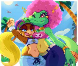  2girls afro anger_vein arm_up asymmetrical_docking bird blonde_hair blue_eyes blue_pants blue_sky border breast_press breasts brown_fur cleavage clenched_hand cloud commentary crop_top day donkey_kong_(series) donkey_kong_barrel_blast earrings english_commentary furry furry_female furry_with_furry hand_on_another&#039;s_head height_difference highres hoop_earrings jewelry kalypso long_hair looking_at_viewer midriff multiple_girls nail_polish navel open_mouth outdoors palm_tree pants pink_hair pink_nails red_eyes sky sparkle spudenski sun tiny_kong tree watermark white_border yuri 