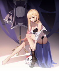  barbell_piercing barefoot black_bra black_choker black_thighhighs blonde_hair blush bra breasts choker cleavage closed_mouth clothes_pull collarbone come_hither dressing ear_piercing feet female full_body garter_straps gyaru highres holding holding_clothes holding_legwear industrial_piercing j_fang kitagawa_marin kogal long_hair looking_at_viewer medium_breasts nail_polish no_shoes piercing pink_nails purple_eyes school_uniform shirt shirt_pull simple_background sitting smile solo sono_bisque_doll_wa_koi_wo_suru thighhighs toenail_polish toenails toes underwear white_shirt 