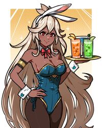  akairiot alternate_costume animal_ears bare_shoulders blue_leotard breasts cleavage commentary cowboy_shot cup dark-skinned_female dark_skin detached_collar drinking_glass fake_animal_ears female granblue_fantasy hand_on_own_hip highres holding holding_tray leotard long_hair pantyhose playboy_bunny rabbit_ears red_eyes side-tie_leotard simple_background smile solo strapless strapless_leotard symbol-only_commentary tray very_long_hair white_hair wrist_cuffs zooey_(granblue_fantasy) 