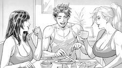  1boy 2girls bare_arms bread breasts cirenk cleavage closed_eyes commentary commission cup eating english_commentary felicia_hardy food fork fried_egg greyscale happy highres holding holding_cup holding_fork indoors kitchen large_breasts lips long_hair looking_at_another marvel mary_jane_watson monochrome multiple_girls open_mouth peter_parker ponytail shirt sitting sleeveless sleeveless_shirt smile spider-man_(series) table tank_top upper_body 