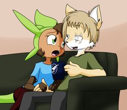  2019 anthro beverage blue_eyes brown_body brown_fur brown_hair buckteeth canid canine chespin coffee digital_media_(artwork) duo eyelashes female fingers fox fur furniture generation_6_pokemon green_eyes hair hand_holding isaac_(monkeykinghero) leina_(sandwich-anomaly) male mammal multicolored_body multicolored_fur nintendo pokemon pokemon_(species) sandwich-anomaly scar simple_background sitting smile sofa tan_background tan_body tan_fur tan_hair teeth tongue white_body white_fur 