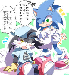  anthro bandai_namco clothed clothing domestic_cat duo ear_grab ebi_tsun eulipotyphlan felid feline felis footwear gloves handwear hat headgear headwear hedgehog japanese_text klonoa klonoa_(series) lagomorph leporid long_ears male male/male mammal rabbit sega shoes sonic_the_hedgehog_(series) text translation_request 